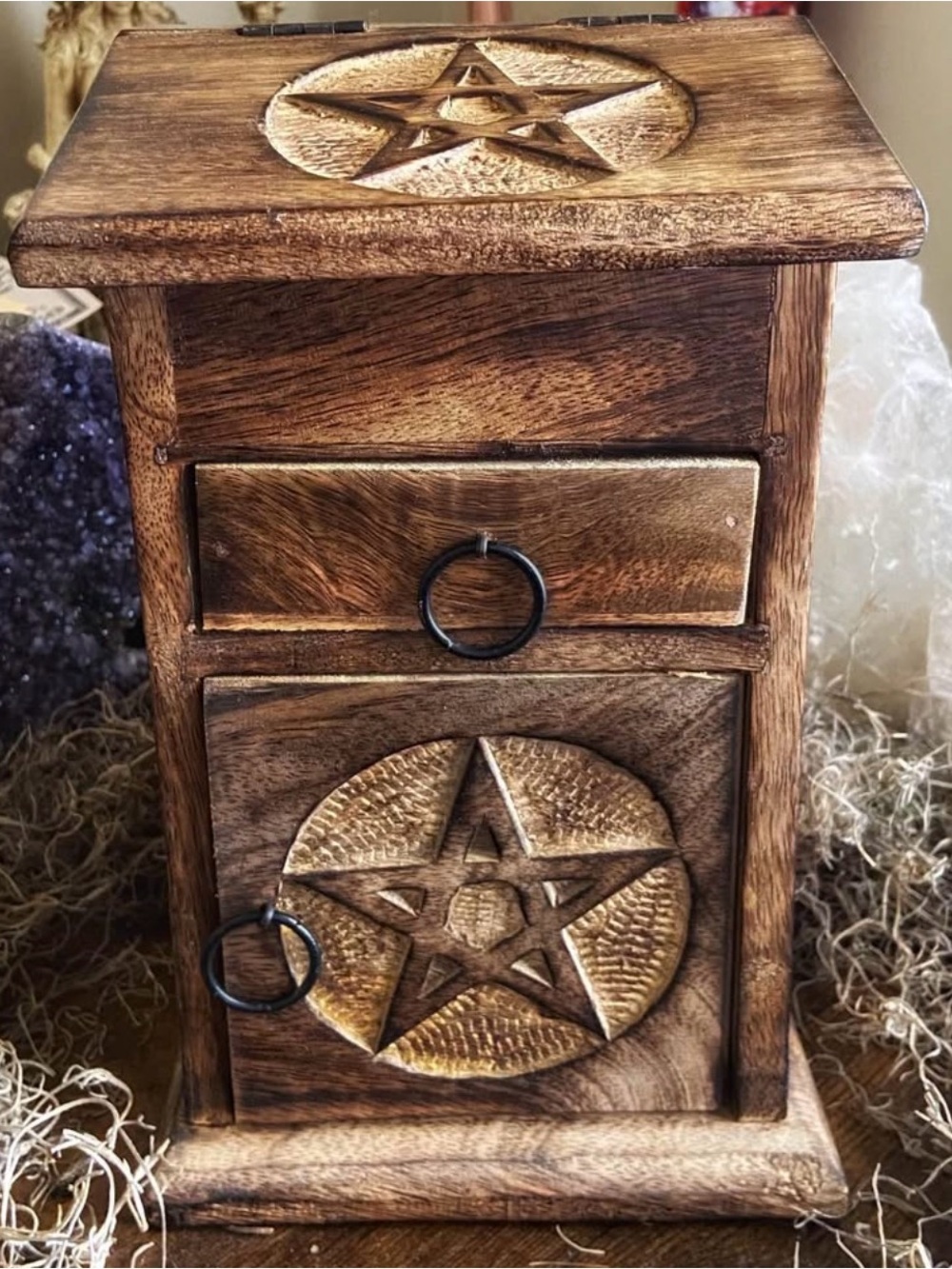 Handmade Wooden Pentacle Storage Box – 10” – Multi-Compartment Altar Chest